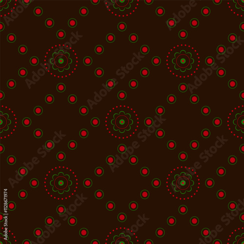 Brown seamless pattern with floral round elements. Red, green circular motifs on dark chocolate background. Cozy ethnic design. Traditional bright ornament in country style for winter holiday decor.