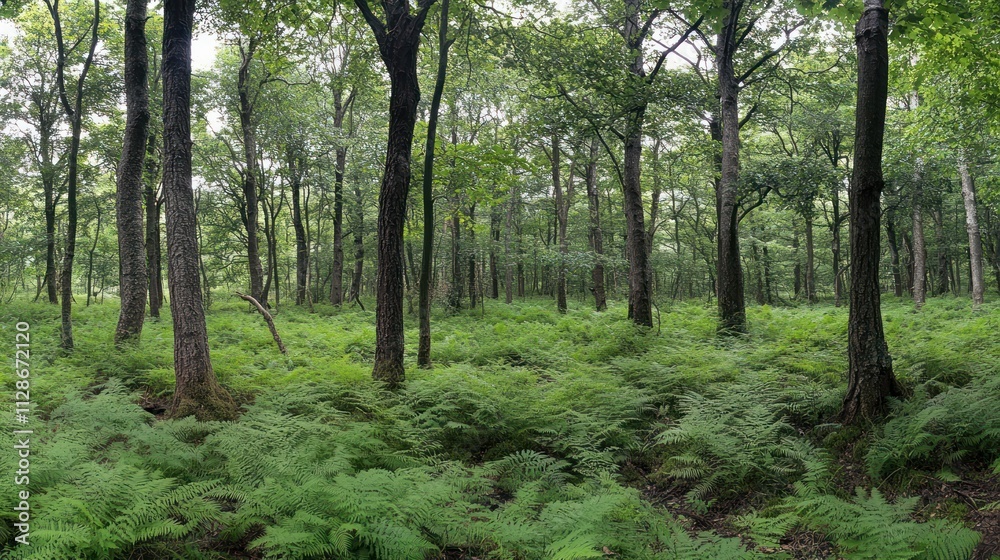 Old-growth forest with dense underbrush, ancient trees, rich green ferns covering the ground Old-growth forest with dense underbrush, ancient trees, rich green ferns covering the ground