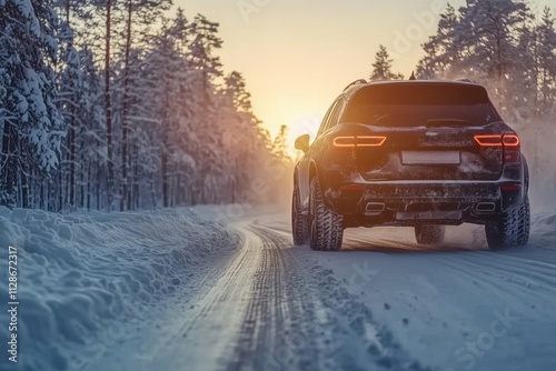 Modern black suv driving along a snowy road, navigating through a stunning winter forest at sunset, experiencing the tranquil beauty of a peaceful winter journey