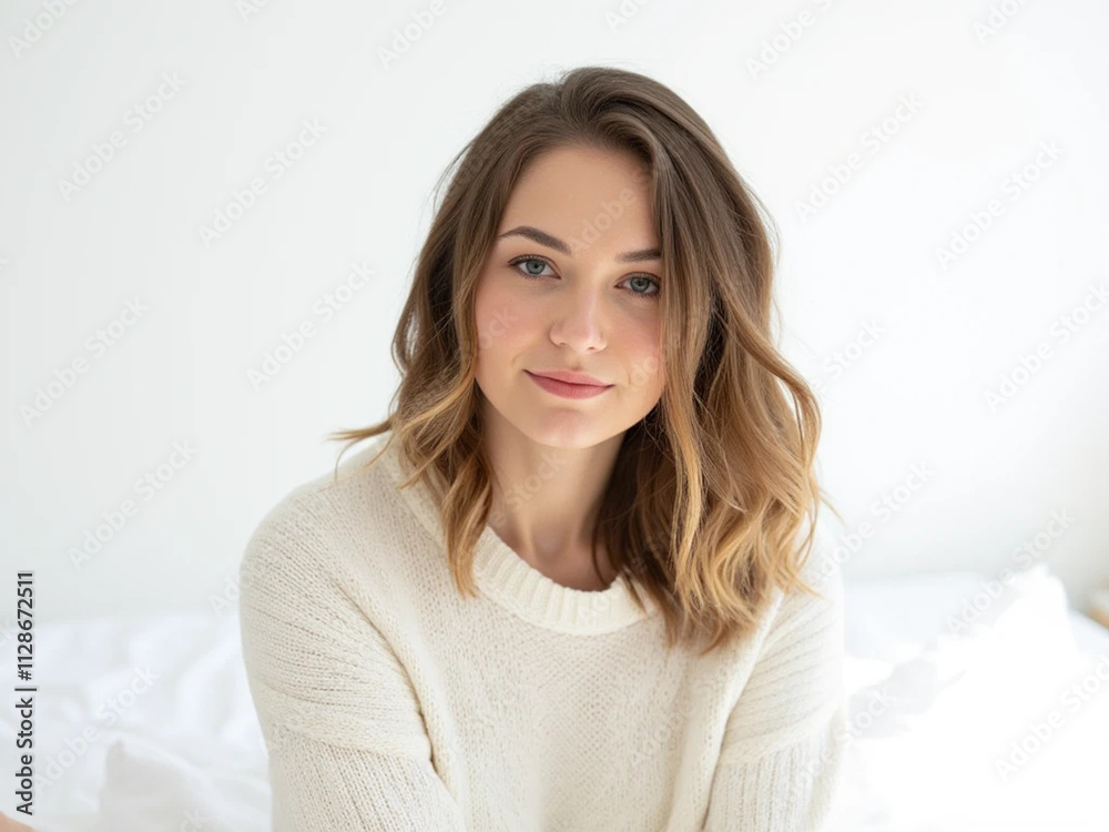 Confident young woman in a stylish cream sweater. Confident young woman in a stylish cream sweater.
