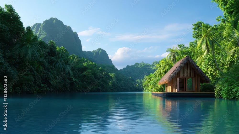 A tranquil floating bamboo house on a turquoise river, surrounded by vibrant jungle foliage and bathed in soft golden sunlight streaming through the trees, 3D render, 3D render A tranquil floating bamboo house on a turquoise river, surrounded by vibrant jungle foliage and bathed in soft golden sunlight streaming through the trees, 3D render, 3D render