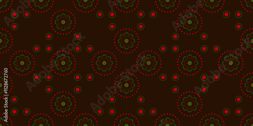 Brown seamless pattern with floral round elements. Red, green circular motifs on dark brown background. Geometric delicate mandala. Traditional bright ornament in country style for holiday decor.