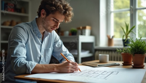 A young man sketching architectural designs at a drafting table in a quiet studio.