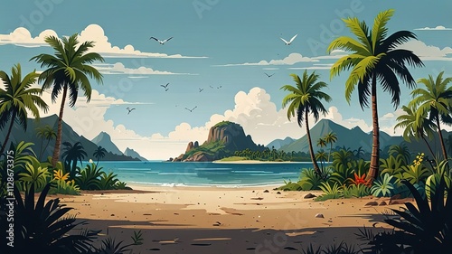Fototapeta Naklejka Na Ścianę i Meble -  Tropical island illustration with palm trees, flat cartoon style, colorful and inviting.  