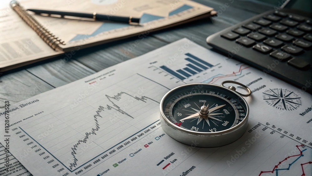 Business Navigation Concept: Silhouette of a Compass on a Table Amidst Trading Graphs and Financial Data to Guide Recovery and Growth in an Economic Crisis Business Navigation Concept: Silhouette of a Compass on a Table Amidst Trading Graphs and Financial Data to Guide Recovery and Growth in an Economic Crisis