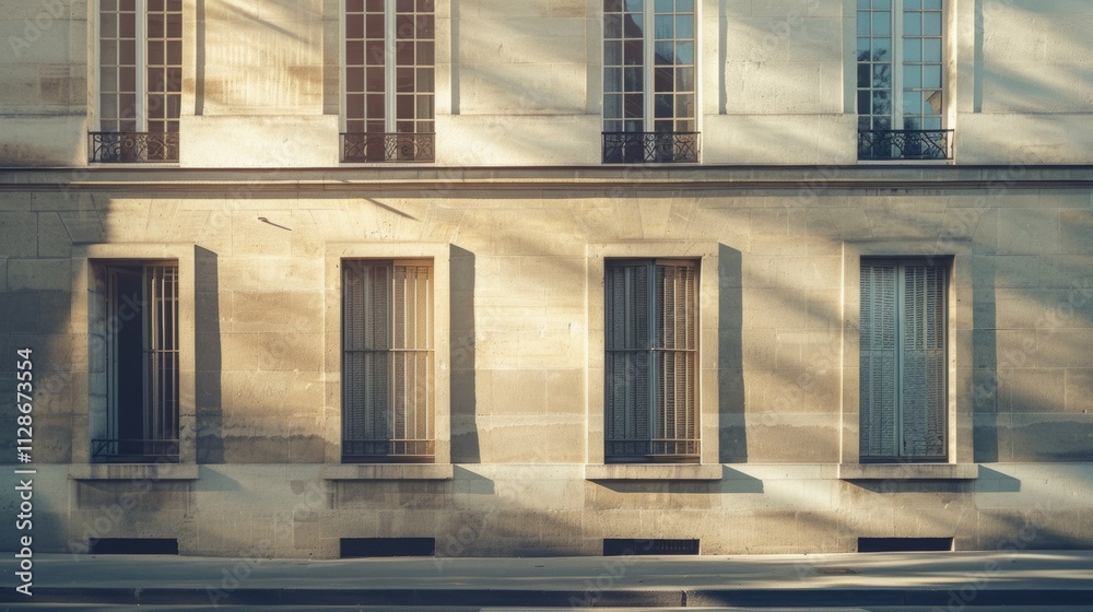 Obraz premium Modern Parisian architecture, minimalist design, complete wall with windows and doors, sunny afternoon light, serene urban atmosphere, no people present.