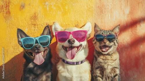 Colorful, vibrant portrait of funny twp dogs and one cat in bright sunglasses smiling, sticking out their tongue, standing against a bright wall. providing a candid snapshot of joy. pet concept