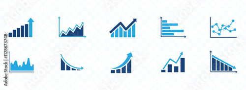 Set of business graph and charts icons. Business data charts. Colorful graphs, diagrams, schemes, infographic, analytic report. Statistics, data, growth, falling and pie chart icons