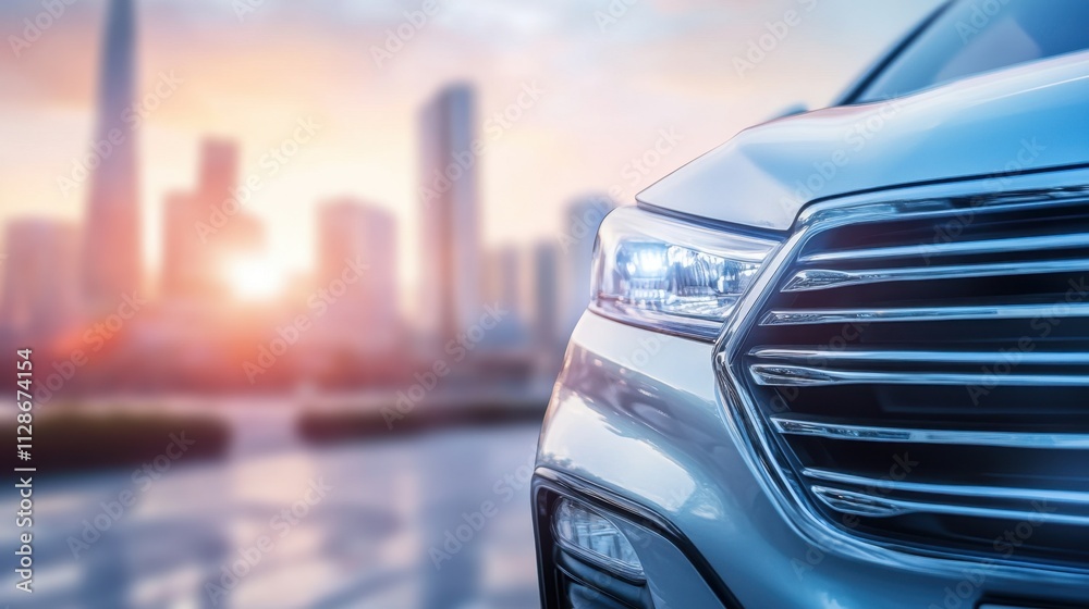 Modern Car Front View with City Skyline at Sunset Background Modern Car Front View with City Skyline at Sunset Background