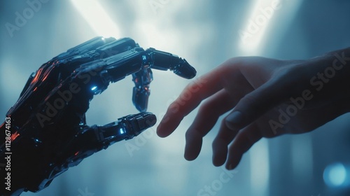 Connection between human and robotic hand in a futuristic setting showcases technology's evolution