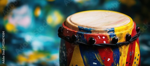 Colorful hand-painted drum on blurred background. photo