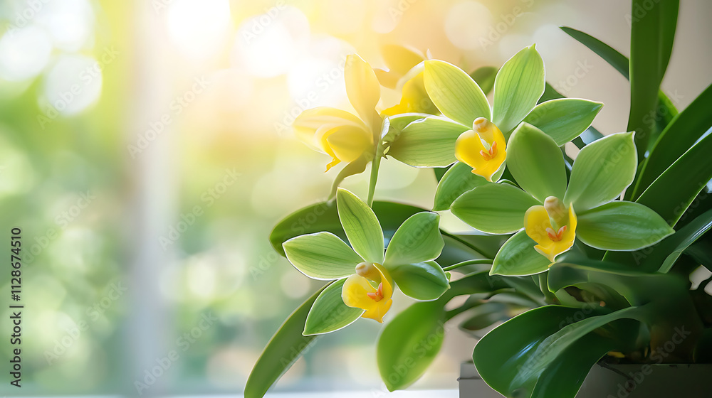 Fototapeta premium vibrant close up of green jade orchids with yellow blooms, showcasing their beauty in soft sunlight