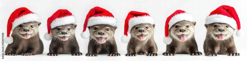 Cheerful Otters in Santa Claus Hats Christmas Panorama Set Collection on White Background Playful Wildlife Scene Cheerful Otters in Santa Claus Hats Christmas Panorama Set Collection on White Background Playful Wildlife Scene