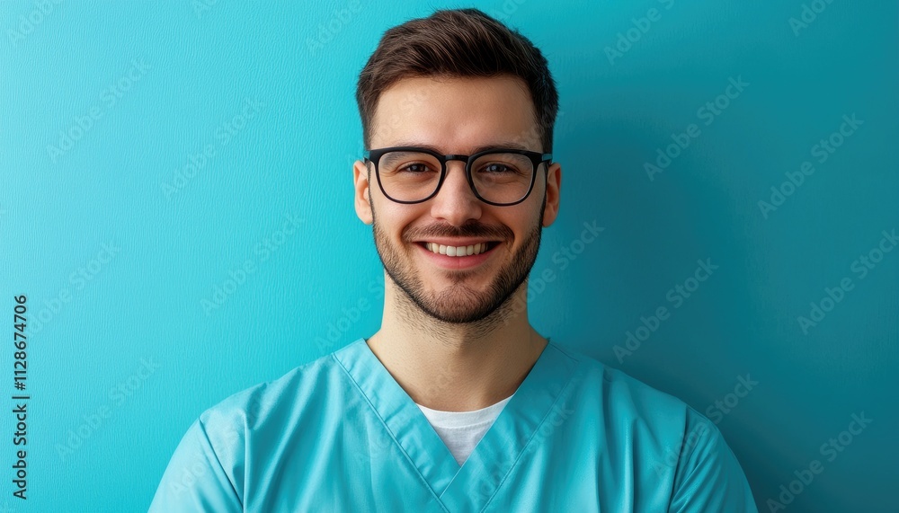 A man wearing a blue scrubs shirt and glasses is smiling A man wearing a blue scrubs shirt and glasses is smiling
