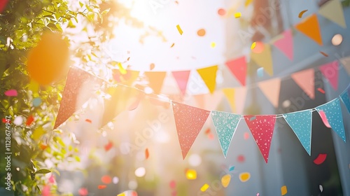 Colorful bunting and confetti add a festive touch to a sunny outdoor celebration. Perfect for birthdays, parties, and summer events!