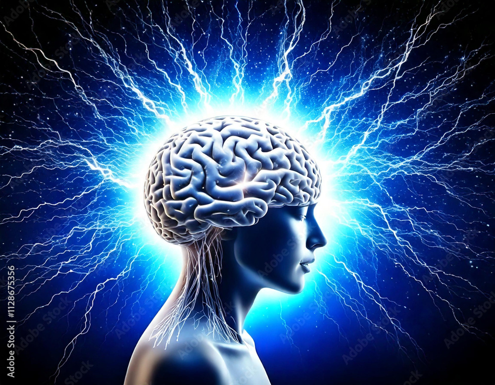 Obraz premium Ein menschlicher Kopf im Profil mit einem sichtbaren Gehirn und roten Energielinien, die von ihm ausgehen.