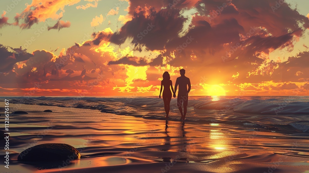 Fototapeta premium Silhouette of a couple holding hands, walking along a beach at sunset.
