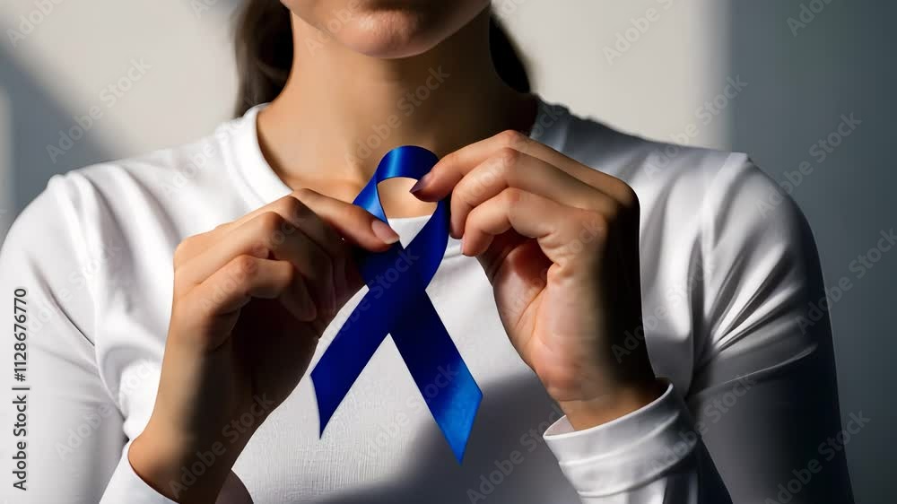 Woman Holding Blue Awareness Ribbon for Health Campaign or Social Support in Soft Natural Light Woman Holding Blue Awareness Ribbon for Health Campaign or Social Support in Soft Natural Light