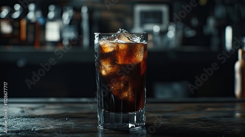 Refreshing dark cola with ice cubes in a tall glass. The perfect drink for a hot day.