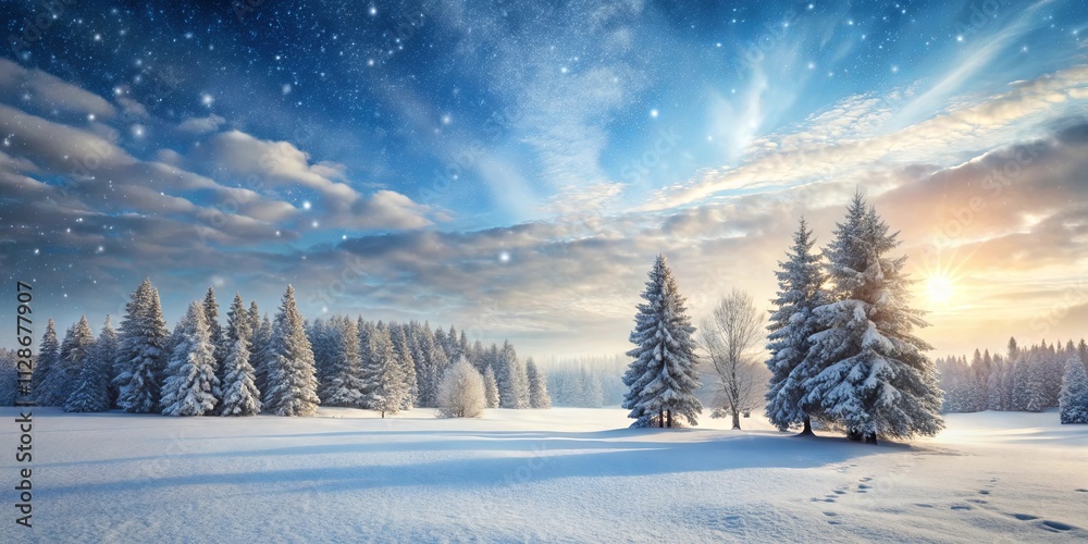Winter's Embrace A Snowy Forest bathed in the Golden Light of a Rising Sun, with a Scattered Starry Sky Above Winter's Embrace A Snowy Forest bathed in the Golden Light of a Rising Sun, with a Scattered Starry Sky Above