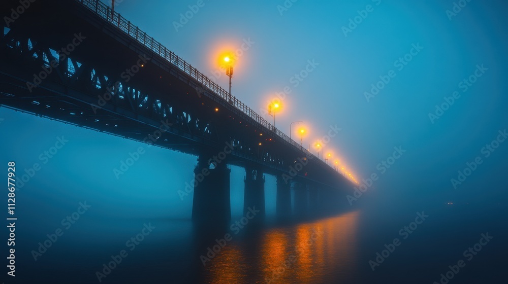 Fototapeta premium Foggy Bridge at Night with Illuminated Lamps over Calm Water