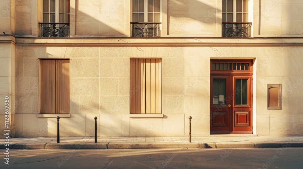 Fototapeta premium Modern Parisian street, minimalist building facade, complete wall with windows and doors, warm sunlight, peaceful atmosphere, no people.