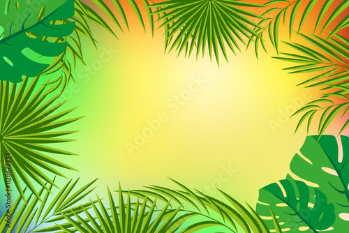 Tropical background design template. Tropical Frame Background with Palm, Monstera leaves and colorful background. Vector EPS 10