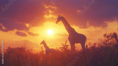 Giraffes Silhouetted Against a Beautiful Sunset in the Savanna Landscape
