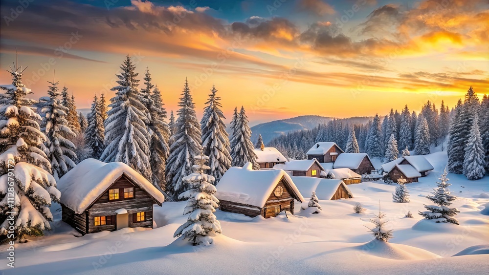 Fototapeta premium A serene winter wonderland, where snow-covered cabins nestled amidst a forest of frosted evergreens bask in the golden glow of a majestic sunrise.