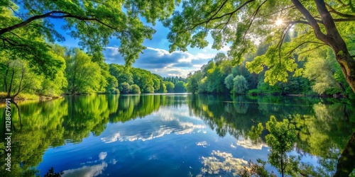 A Tranquil Mirror Reflecting the Lush Canopy of a Forest With a Serene Blue Sky