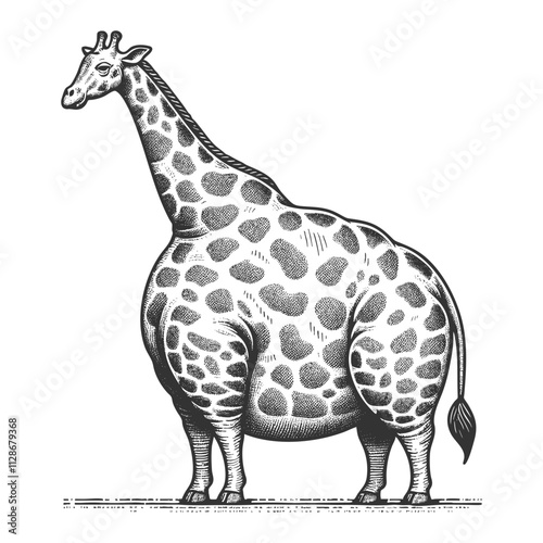 Fat overweight chubby body positive giraffe with exaggerated features, blending humor and classic artistic detail sketch engraving generative ai vector illustration. Scratch board. Black and white.