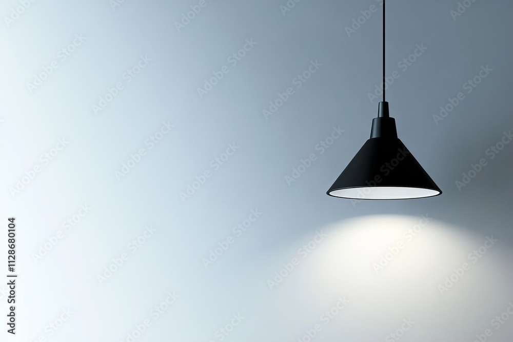 Minimalist empty room with single pendant light casting shadow White ceiling featuring a stylish lamp in the room Area for text. with copy space image. Place for adding text or design Minimalist empty room with single pendant light casting shadow White ceiling featuring a stylish lamp in the room Area for text. with copy space image. Place for adding text or design