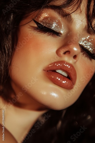 Close-up Serene Brunette Woman with Glittering Makeup