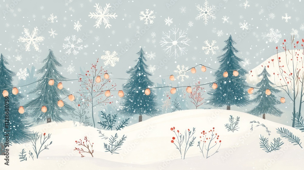 A Winter Wonderland Scene with Snowy Trees and Lights A Winter Wonderland Scene with Snowy Trees and Lights