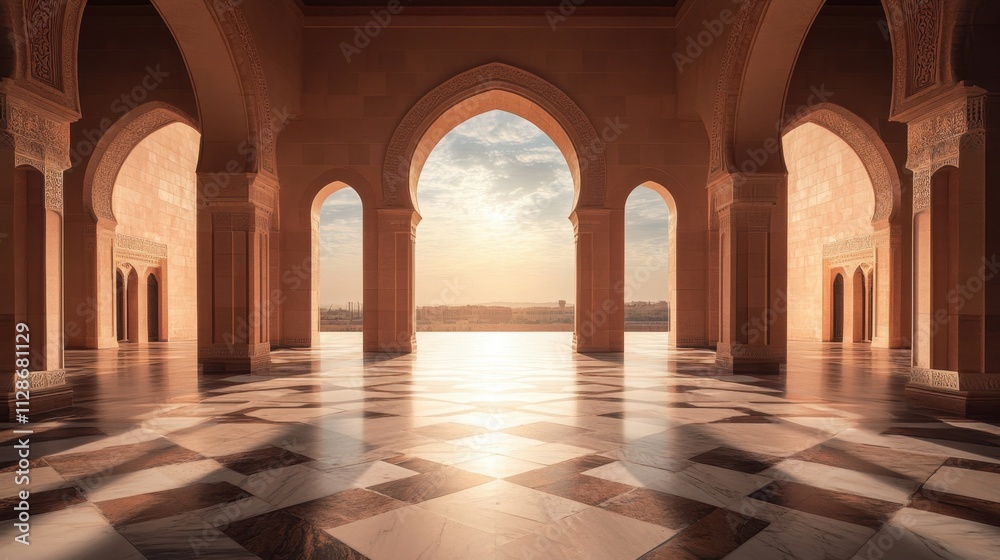 Naklejka premium Serene Interior of Mosque with Majestic Arches and Sunlit View