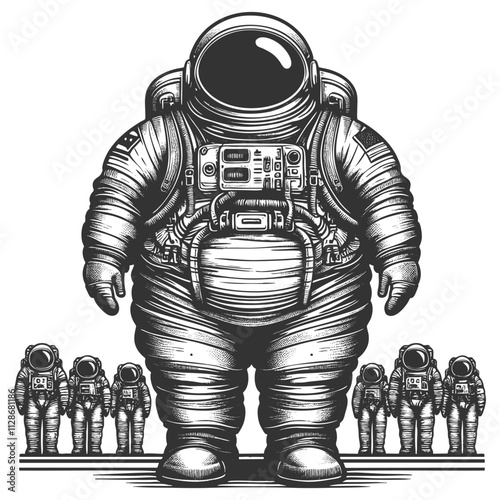Cartoon body positive astronaut in space suit, pointing upward sketch engraving generative ai fictional character vector illustration. Scratch board imitation. Black and white image.