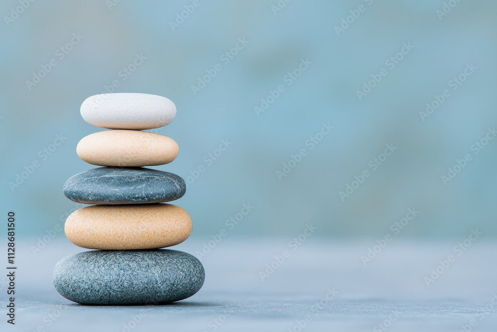 A serene arrangement of stacked stones symbolizes balance and tranquility against a soft blue background. Money life balance. A serene arrangement of stacked stones symbolizes balance and tranquility against a soft blue background. Money life balance.