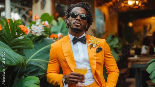 Stylish Black Man Smiling, Holds Cocktail, Tropical Garden