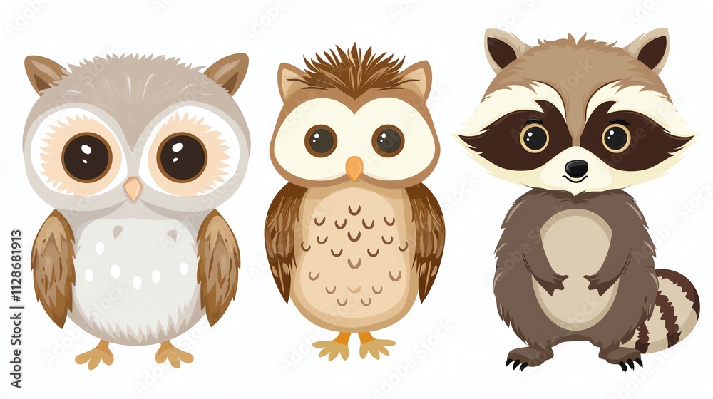 Fototapeta premium A cartoon owl and raccoon.
