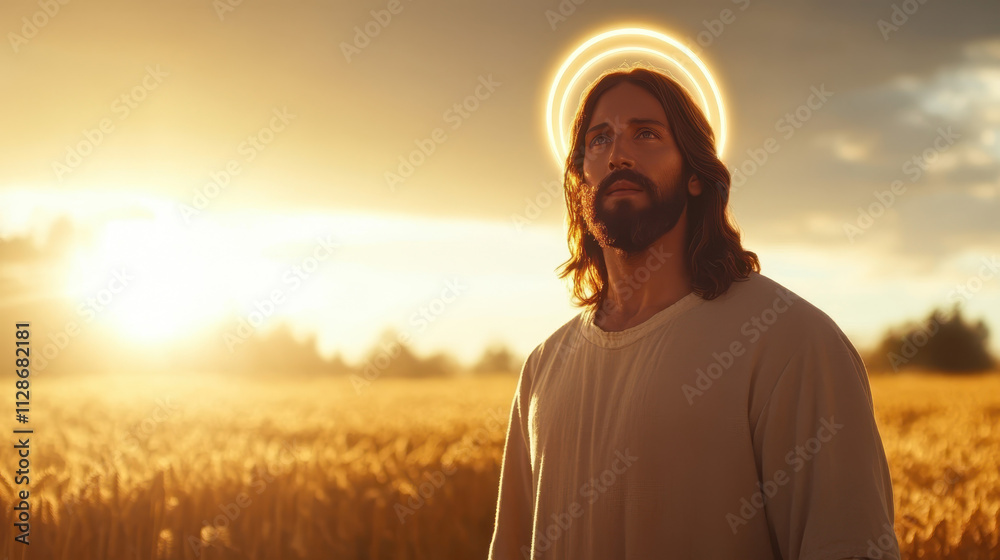 serene figure with glowing halo stands in golden wheat field serene figure with glowing halo stands in golden wheat field