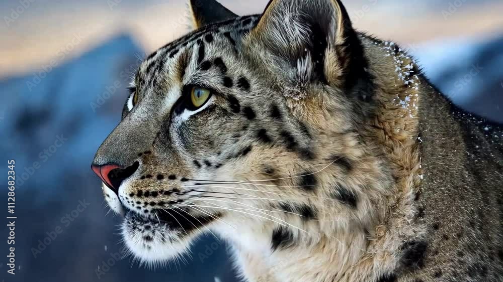Side view of a snow leopard in snowfall, set against the soft hues of a mountain range during twilight, symbolizing strength and solitude