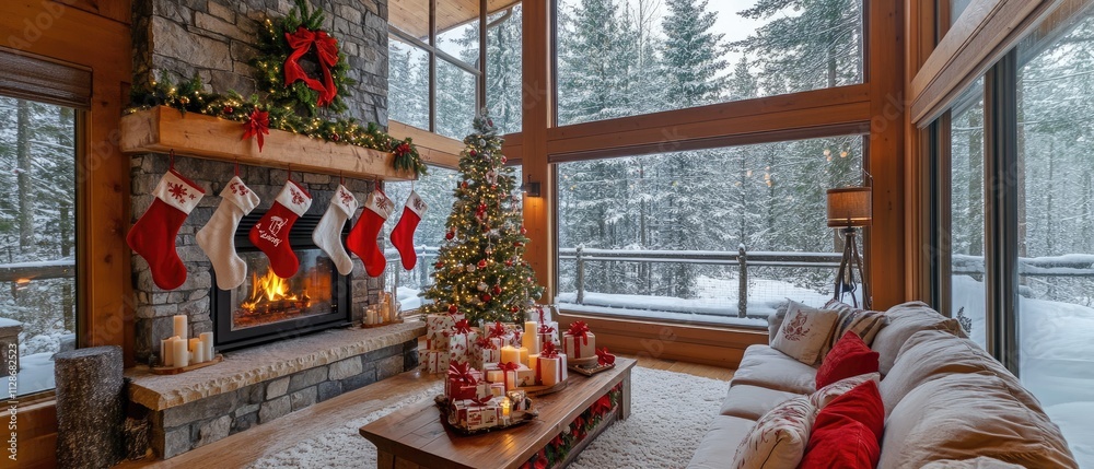 A cozy living room with large windows, adorned for Christmas. A cozy living room with large windows, adorned for Christmas.