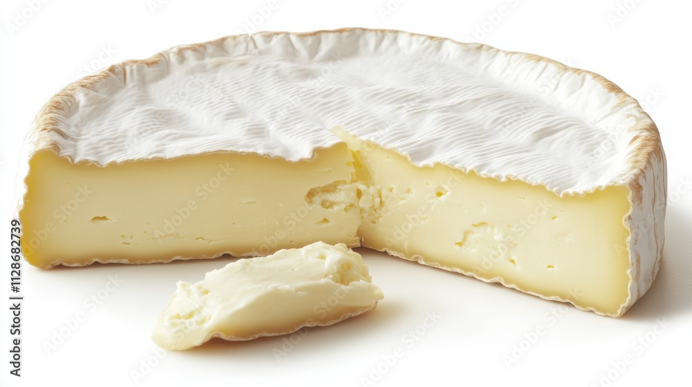 Creamy Brie Cheese Wheel with Cut Section and Tasty Slice Creamy Brie Cheese Wheel with Cut Section and Tasty Slice