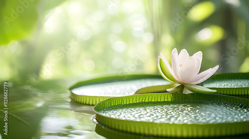 serene macro shot of giant water lily, showcasing its delicate white flower and vibrant green leaves, reflecting tranquility photo