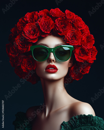Vintage portrait of a young beautiful girl wearing a wreath of flowers and branches on her head. Rustic, alternative abstract lady costume. Generative AI