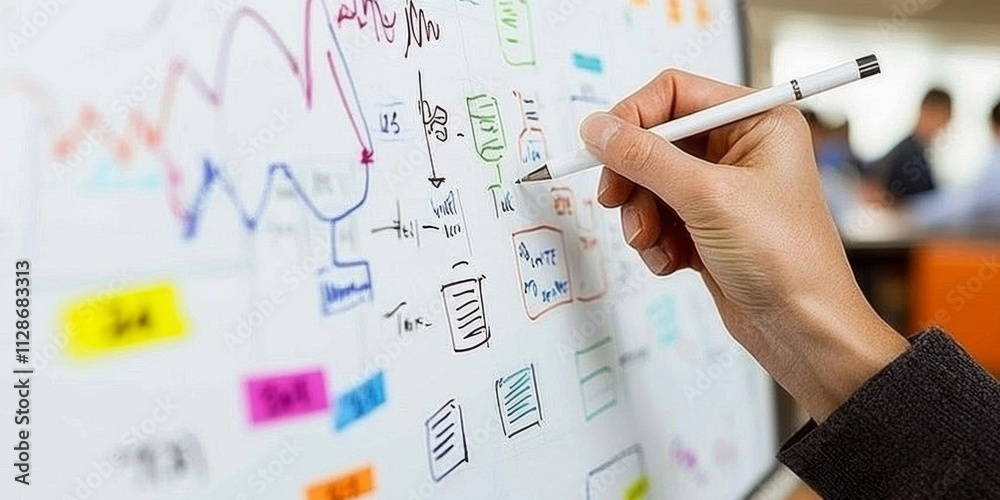 Hand Drawing Stock Market Trends on Whiteboard in Modern Office Hand Drawing Stock Market Trends on Whiteboard in Modern Office