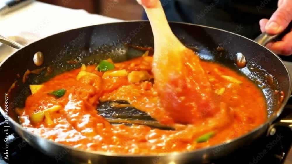 Super slow motion macro of fresh organic bio tomato sauce with sautéed vegetables is being mixed with wooden spoon while cooking in pan for pasta dish preparation in restaurant kitchen.