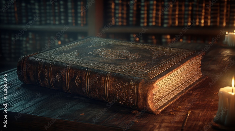Ancient Tome: A Mystical Book Resting on a Wooden Table in a dimly lit Library Ancient Tome: A Mystical Book Resting on a Wooden Table in a dimly lit Library