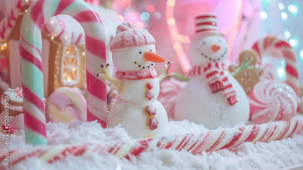 A winter store window displaying snow globes, candy canes and teddy bears.