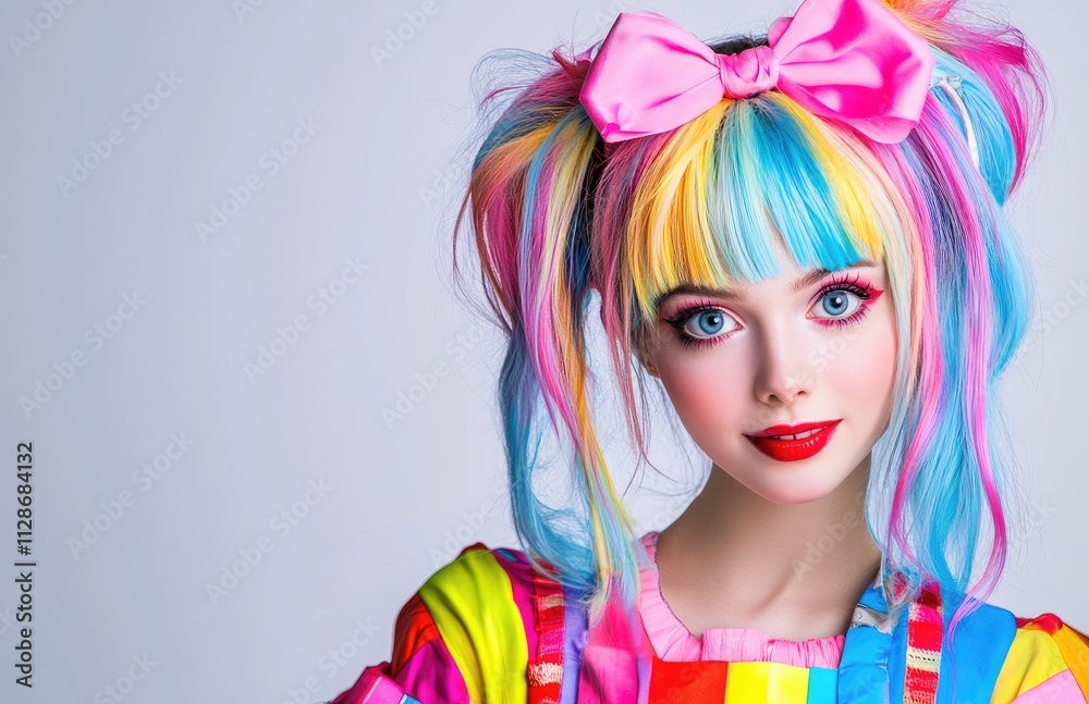 Fototapeta premium Beautiful young girl, with colorful hair accessories featuring pink and blue streaks, wearing red lipstick
